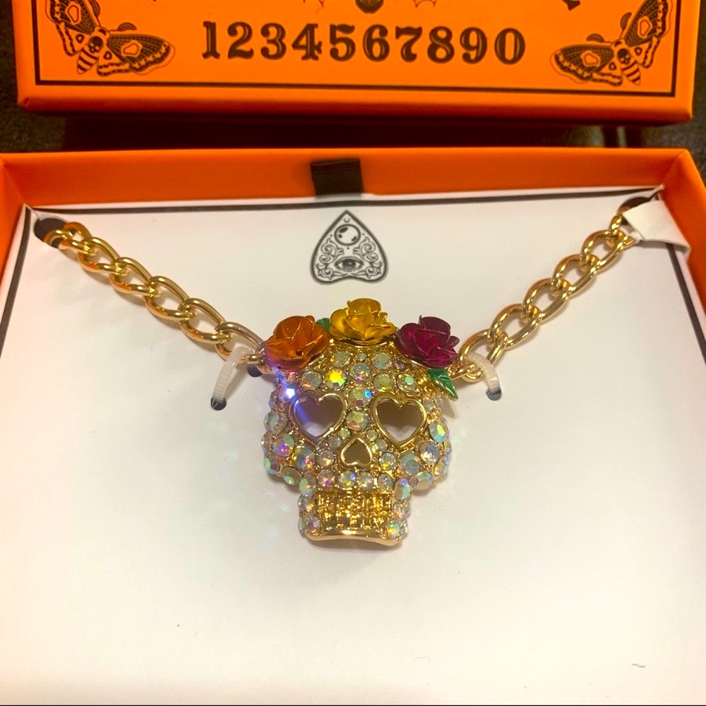 Sugar Skull Rhinestone Halloween Dia De Los Muertos Day Of The Dead Necklace